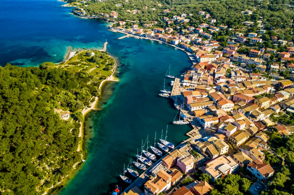 Gaios, capital city of Paxos Island, aerial view. Greece.