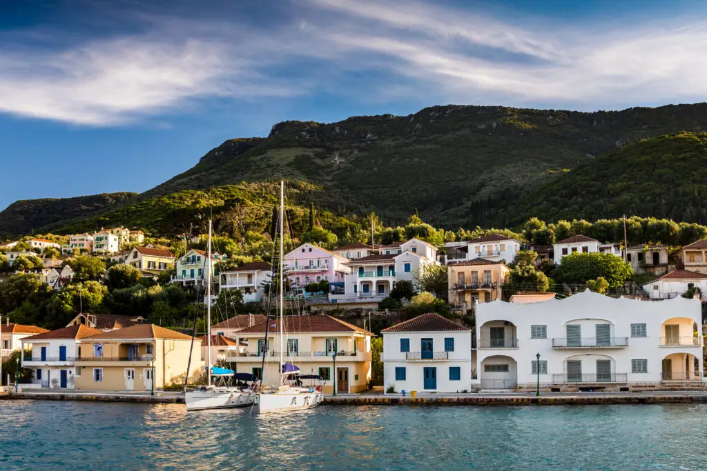 Vathy in Ithaca island, Greece, at sunset.